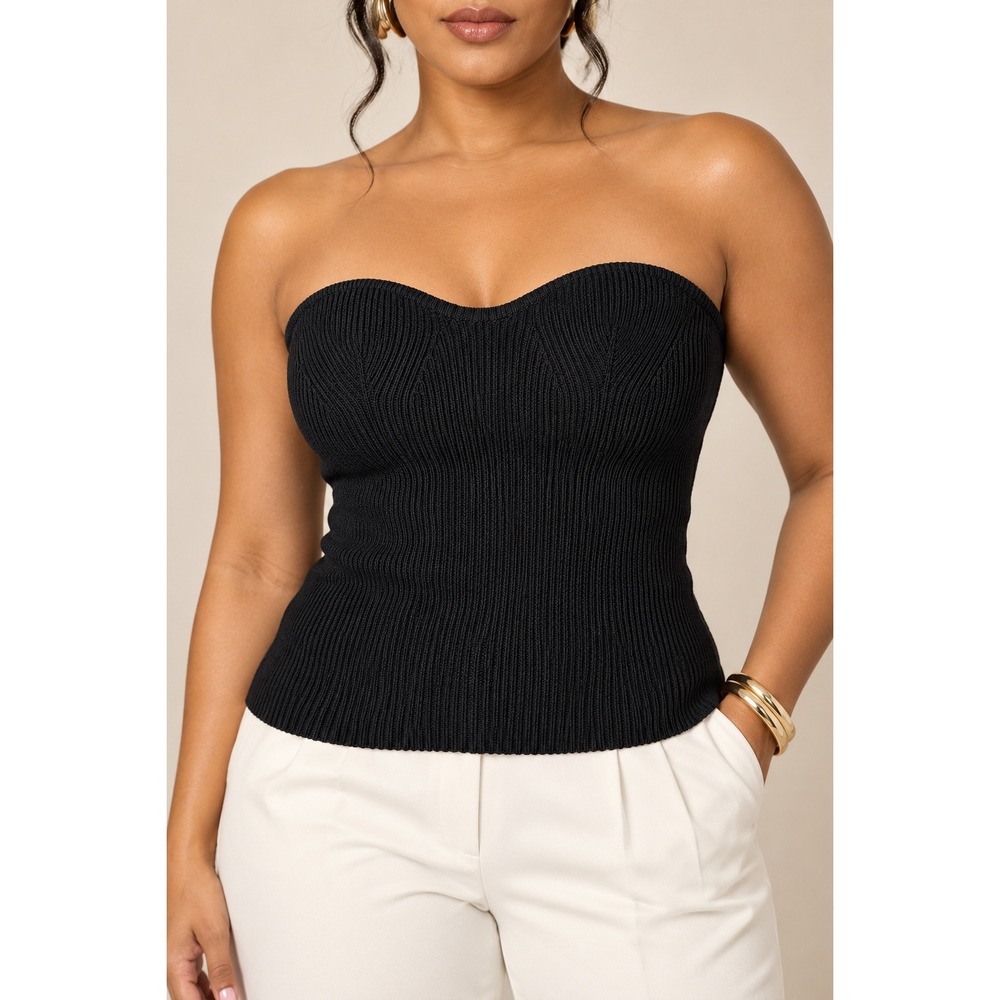S 201 Pixie Market Black Ribbed Knit Strapless Bustier Corset Sweetheart Top
